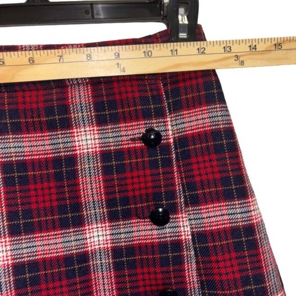 Womens Check Flare Red Mini Skirt Size 2 Wool & Silk Button Detail Made In Italy - Picture 3 of 6
